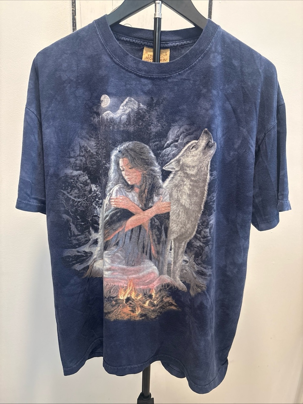 Vintage Navy Graphic Tee with Woman and Wolf